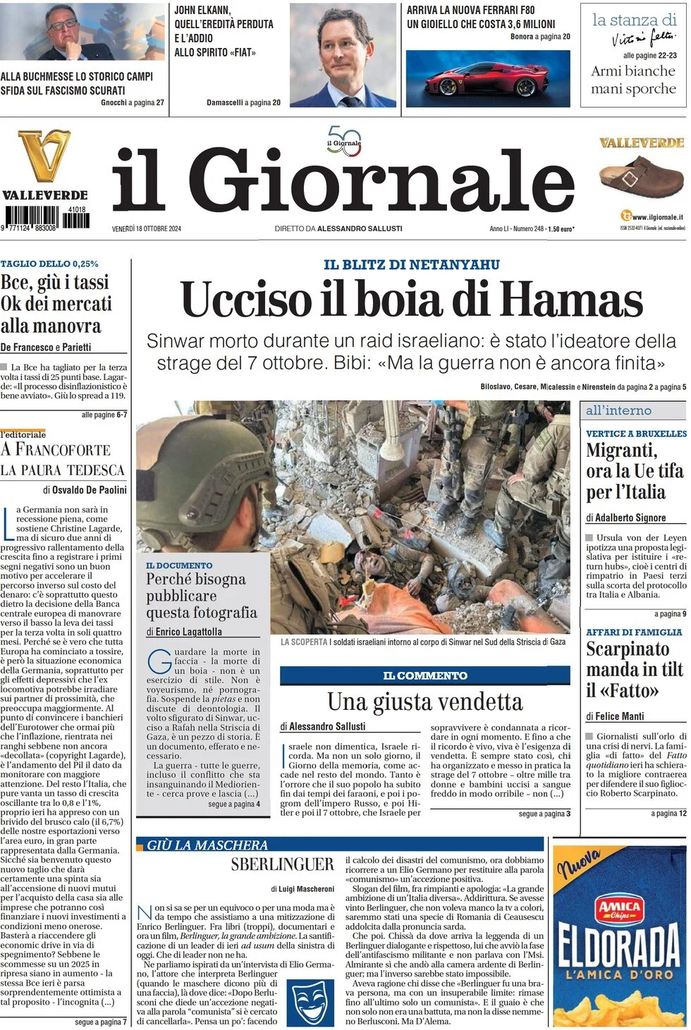 anteprima della prima pagina di il-giornale del 18/10/2024