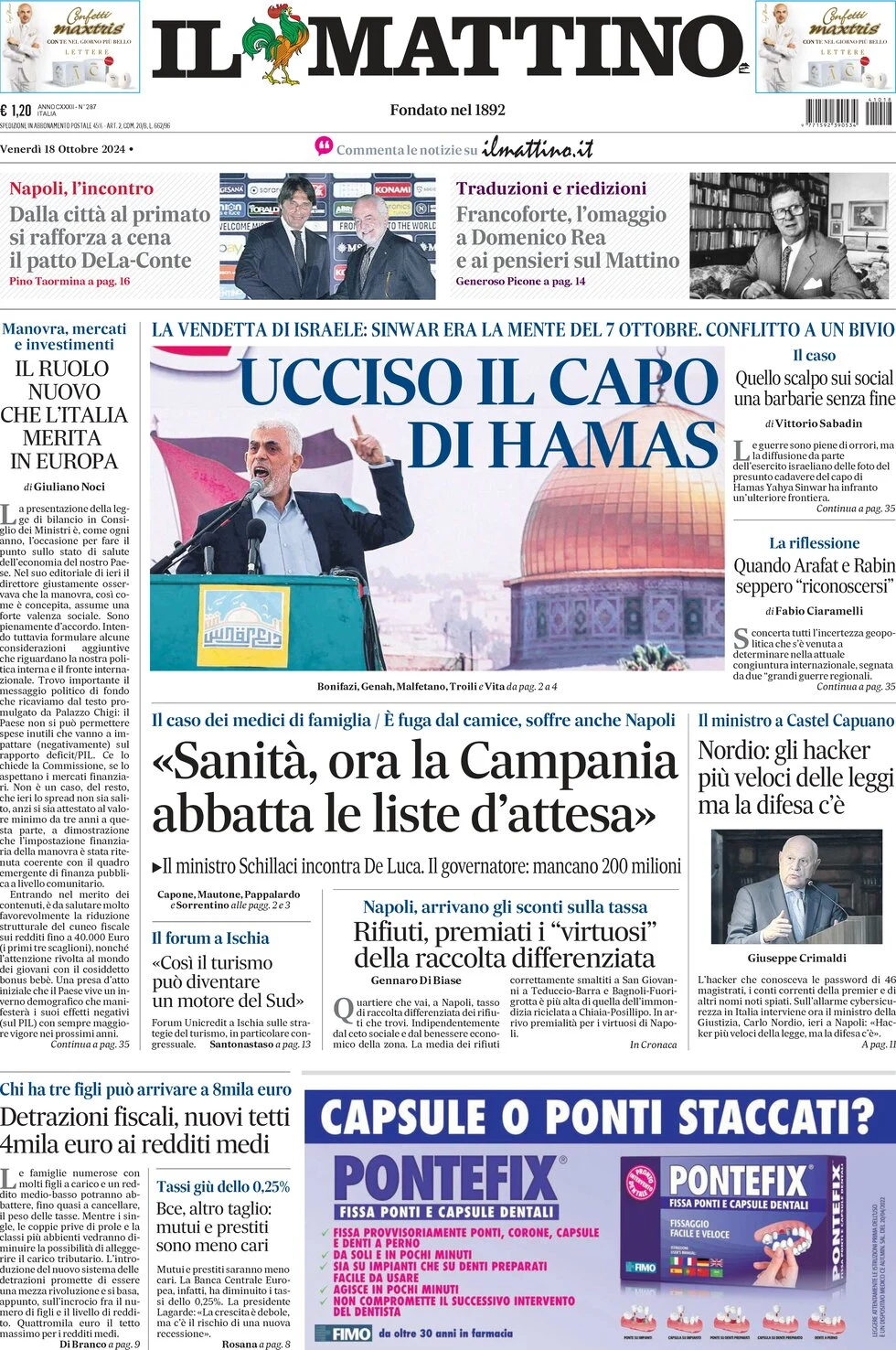 anteprima della prima pagina di il-mattino del 18/10/2024