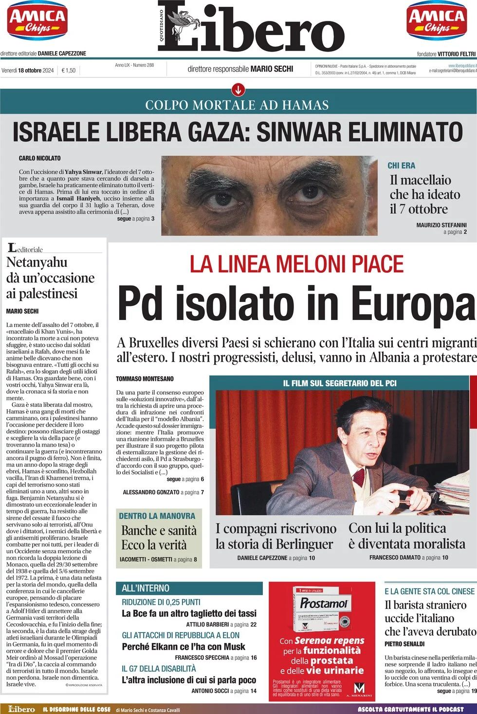 anteprima della prima pagina di libero-quotidiano del 18/10/2024