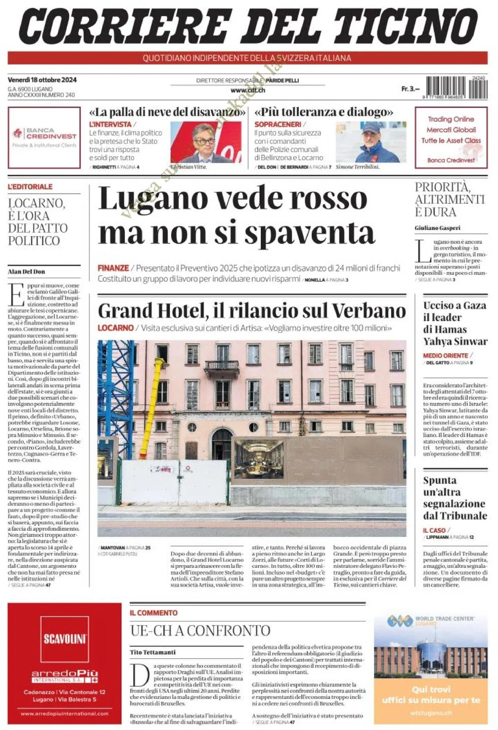 anteprima della prima pagina di corriere-del-ticino del 18/10/2024