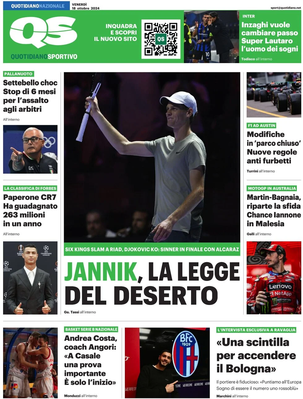 anteprima della prima pagina di qs-quotidiano-sportivo del 18/10/2024