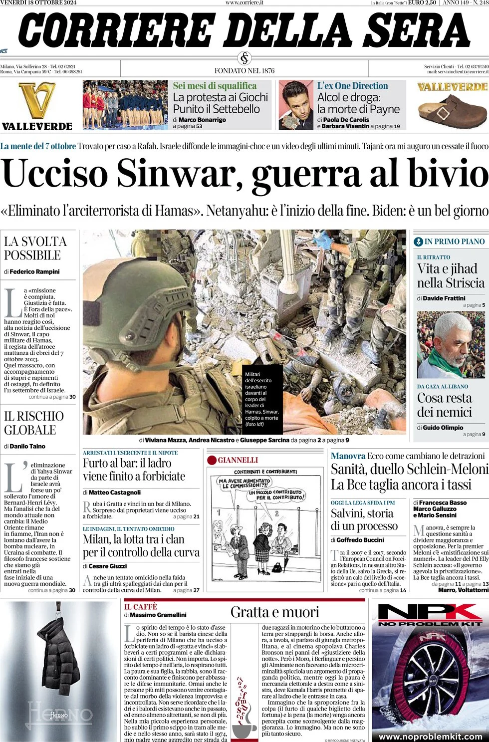 anteprima della prima pagina di corriere-della-sera del 18/10/2024