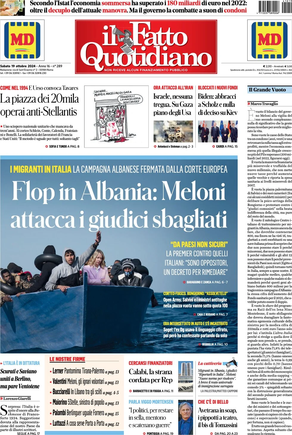 anteprima della prima pagina di il-fatto-quotidiano del 19/10/2024