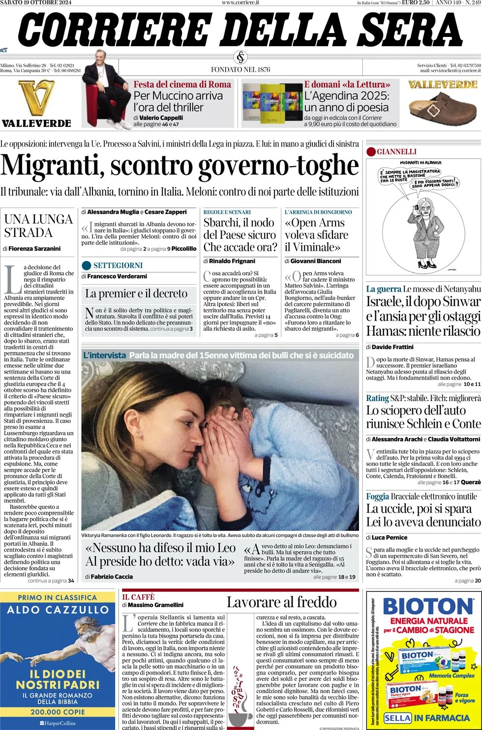 anteprima della prima pagina di corriere-della-sera del 19/10/2024