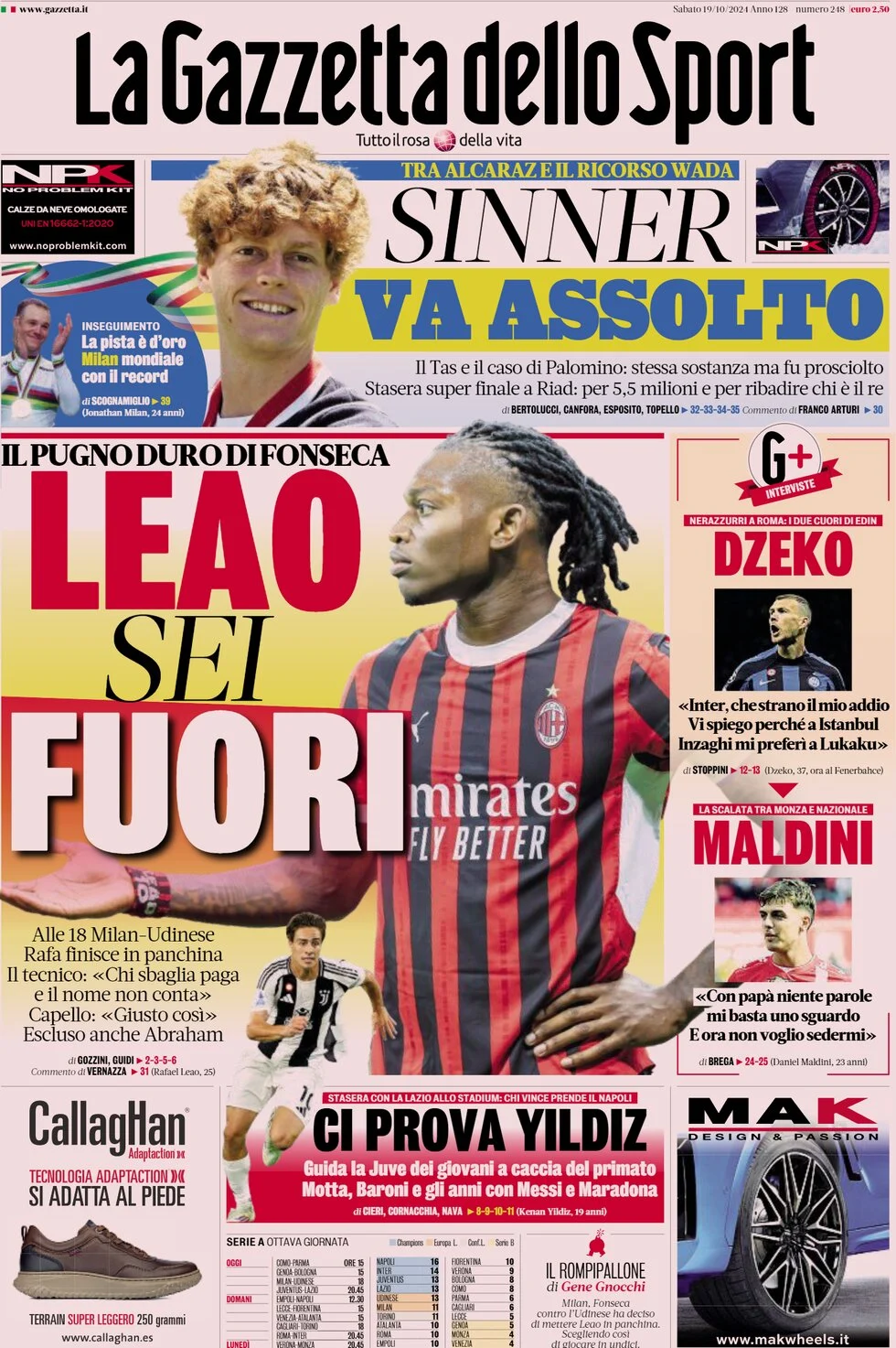 anteprima della prima pagina di la-gazzetta-dello-sport del 19/10/2024