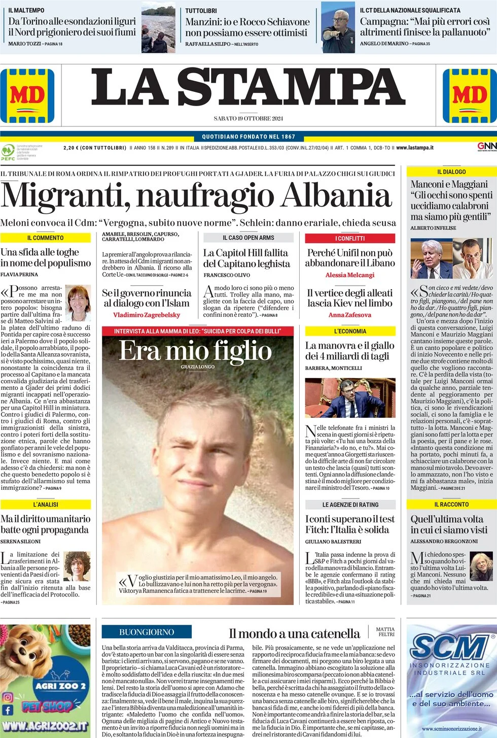 anteprima della prima pagina di la-stampa del 19/10/2024