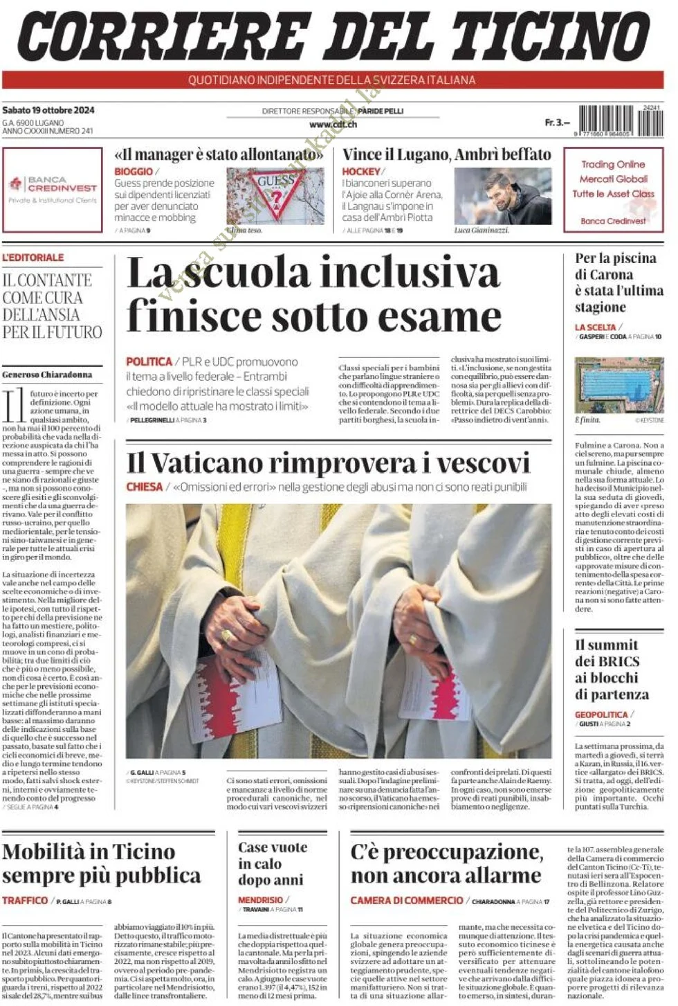 anteprima della prima pagina di corriere-del-ticino del 19/10/2024