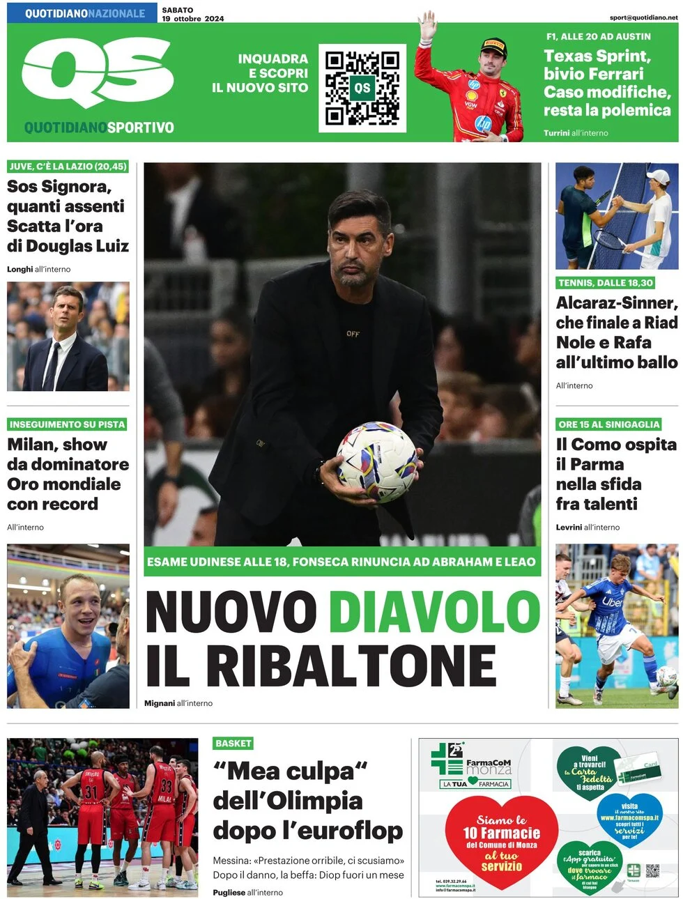 anteprima della prima pagina di qs-quotidiano-sportivo del 19/10/2024