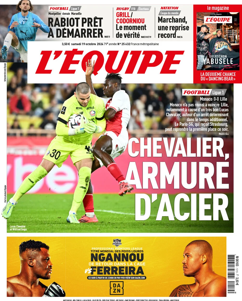 anteprima della prima pagina di lequipe del 19/10/2024