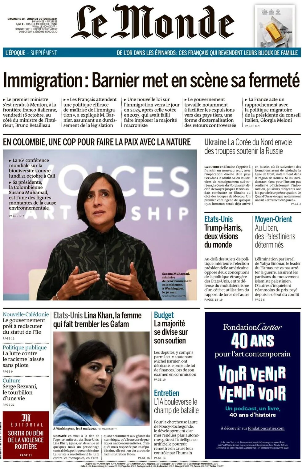 anteprima della prima pagina di le-monde del 19/10/2024