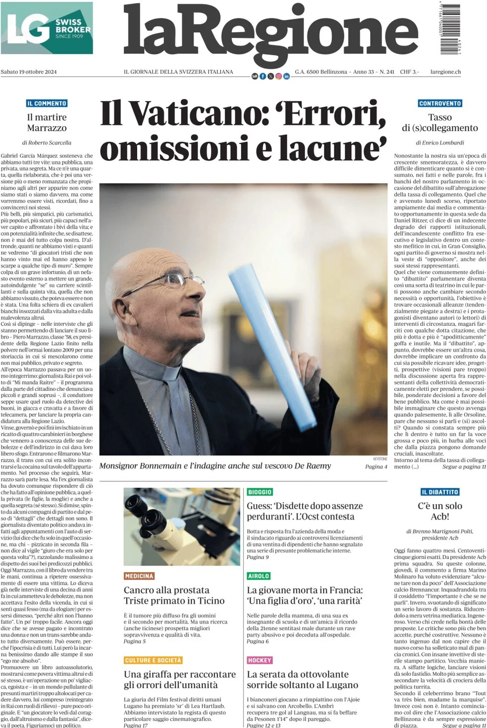 anteprima della prima pagina di la-regione del 19/10/2024