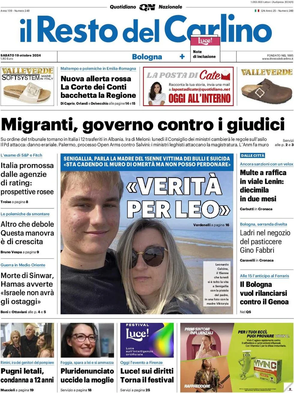 anteprima della prima pagina di il-resto-del-carlino del 19/10/2024