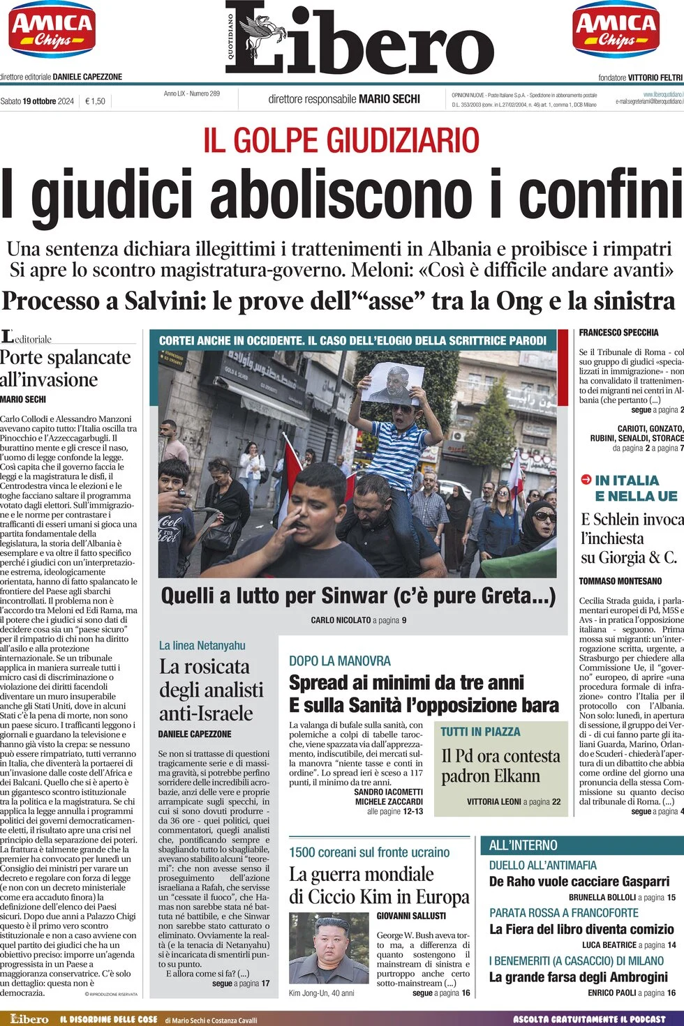 anteprima della prima pagina di libero-quotidiano del 19/10/2024