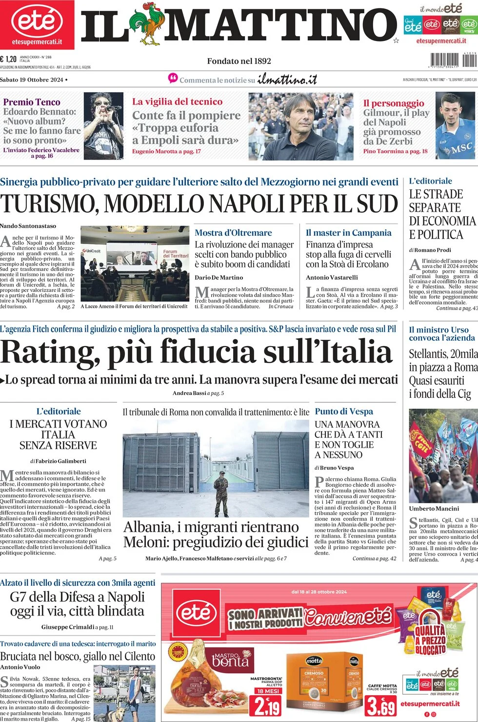 anteprima della prima pagina di il-mattino del 19/10/2024