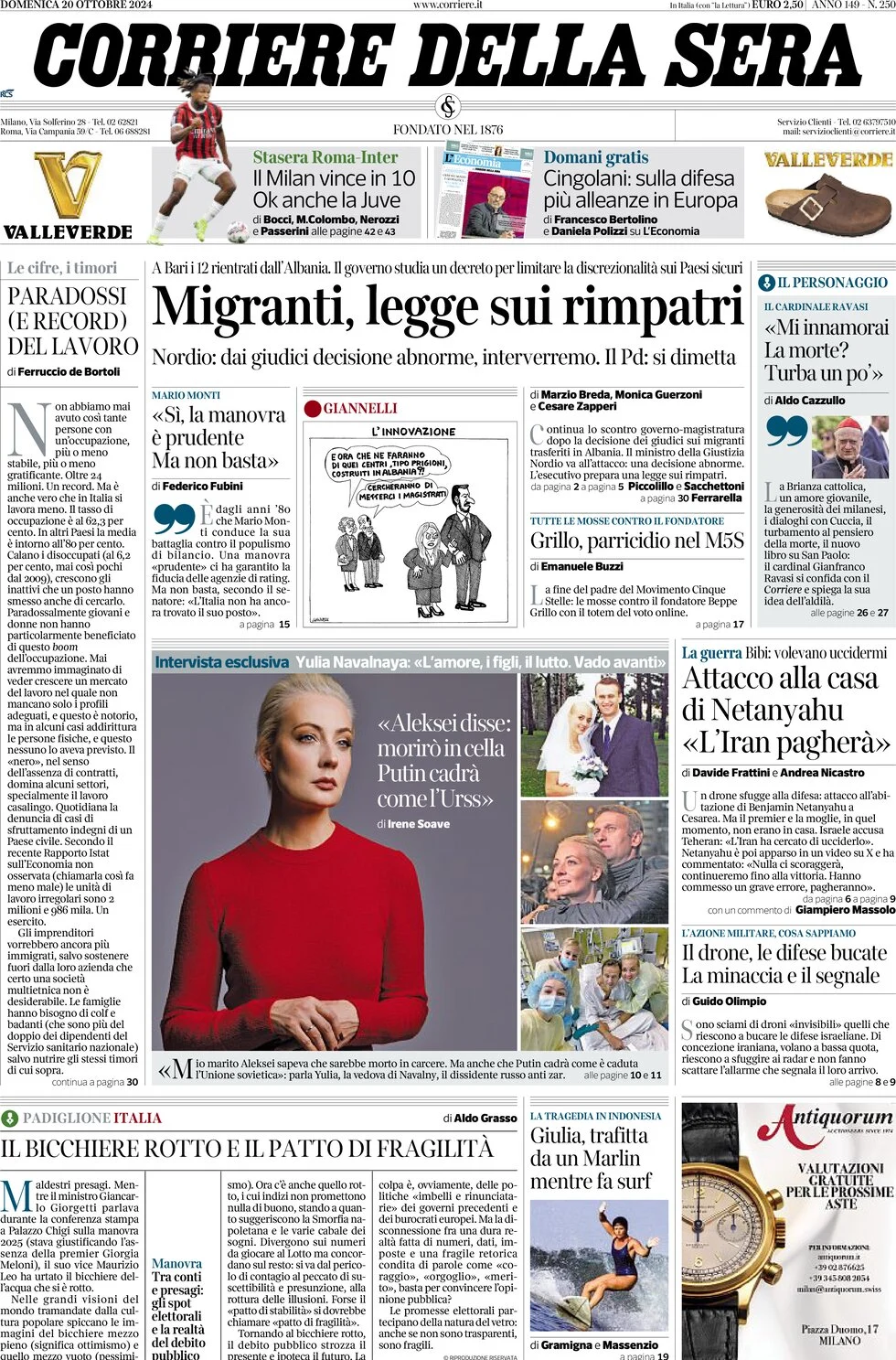 anteprima della prima pagina di corriere-della-sera del 20/10/2024