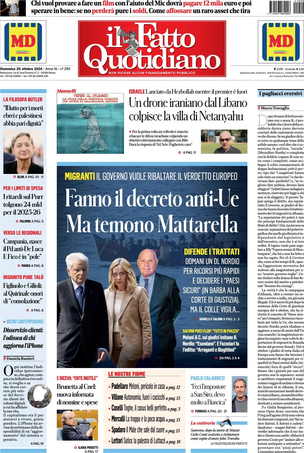 anteprima della prima pagina di il-fatto-quotidiano del 20/10/2024