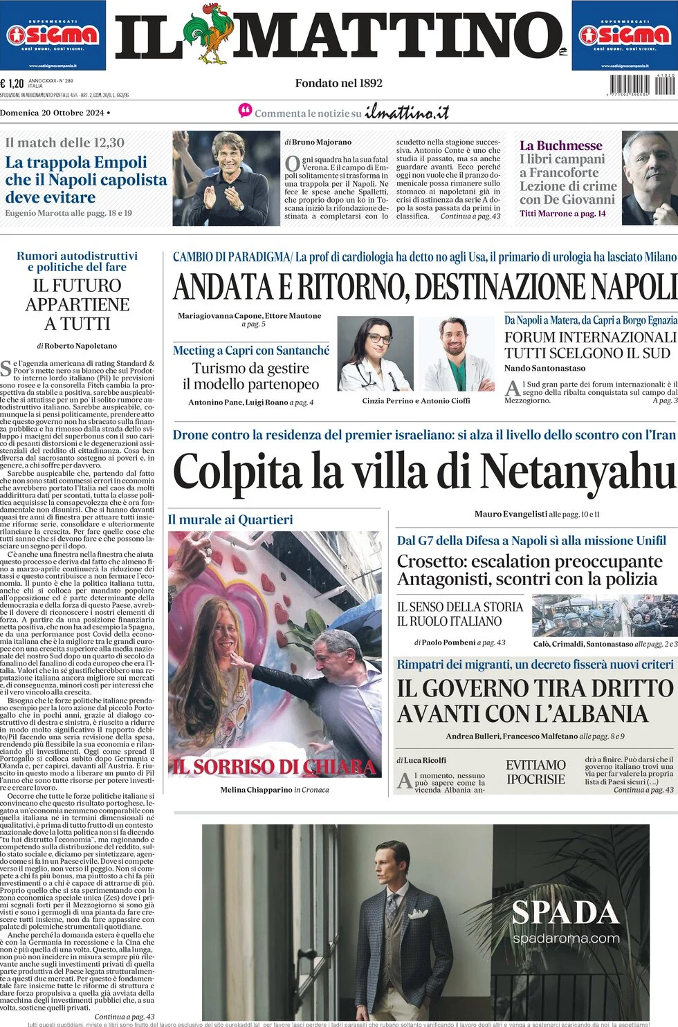 anteprima della prima pagina di il-mattino del 20/10/2024