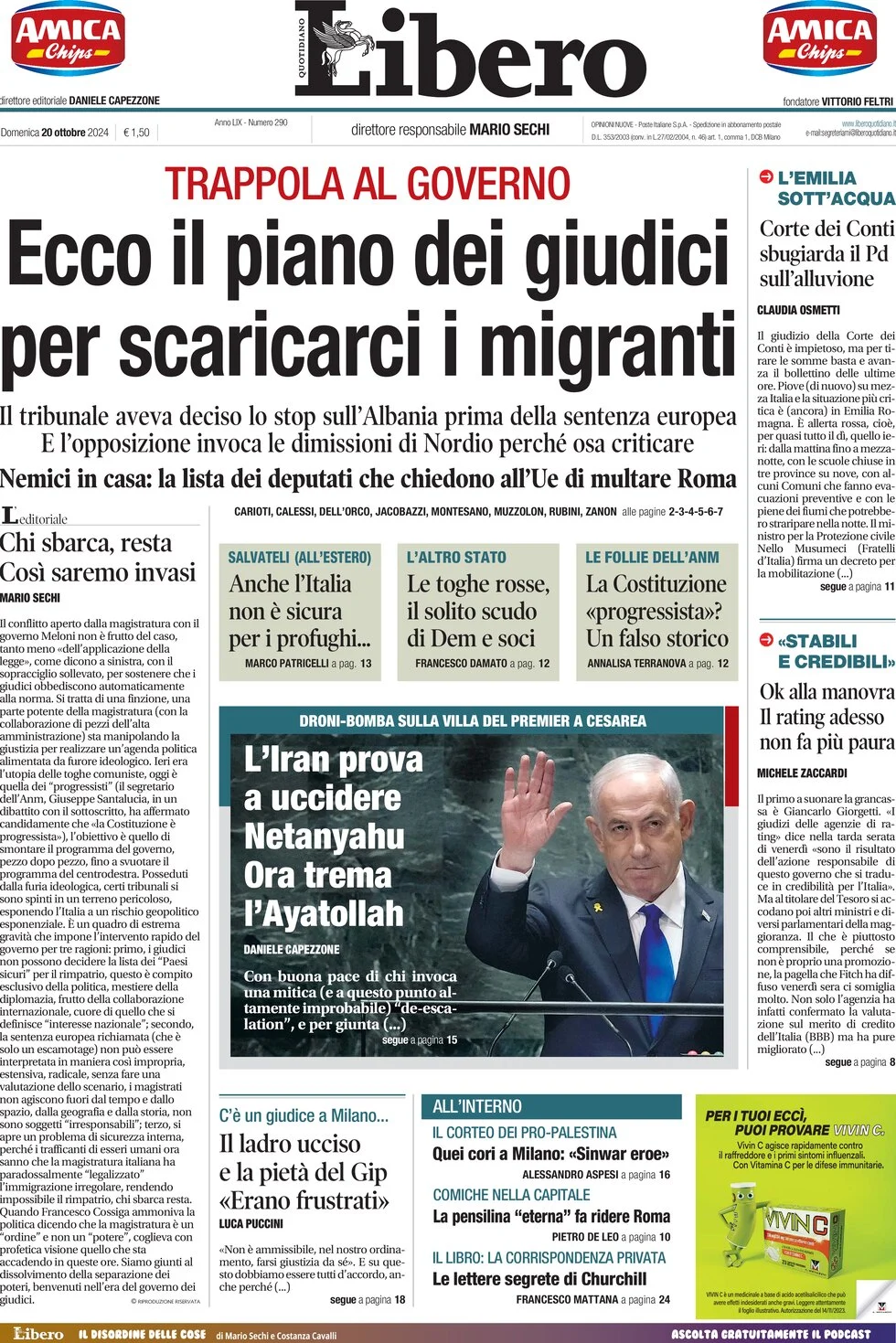 anteprima della prima pagina di libero-quotidiano del 20/10/2024