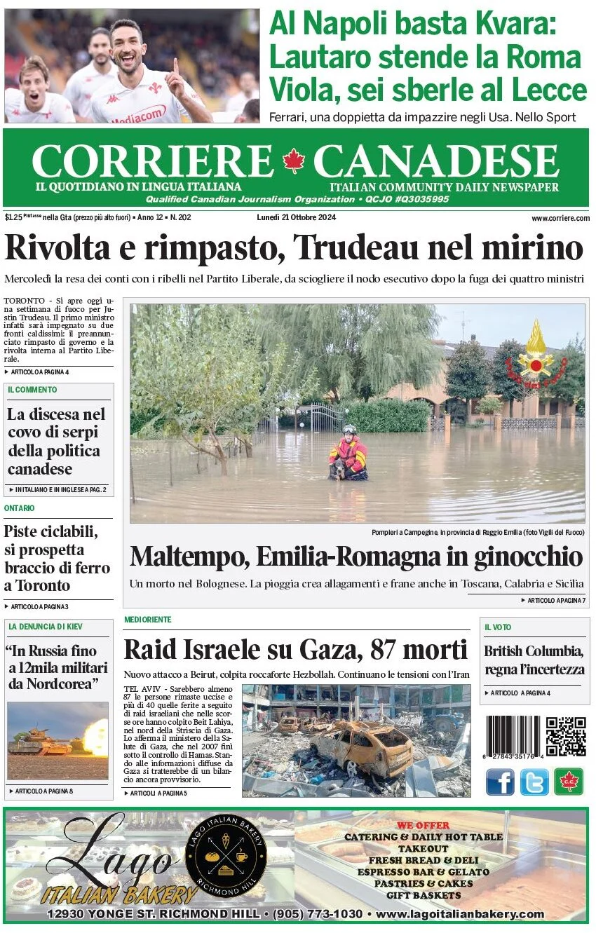 Anteprima prima pagina della rasegna stampa di ieri 2024-10-21 - corriere-canadese/