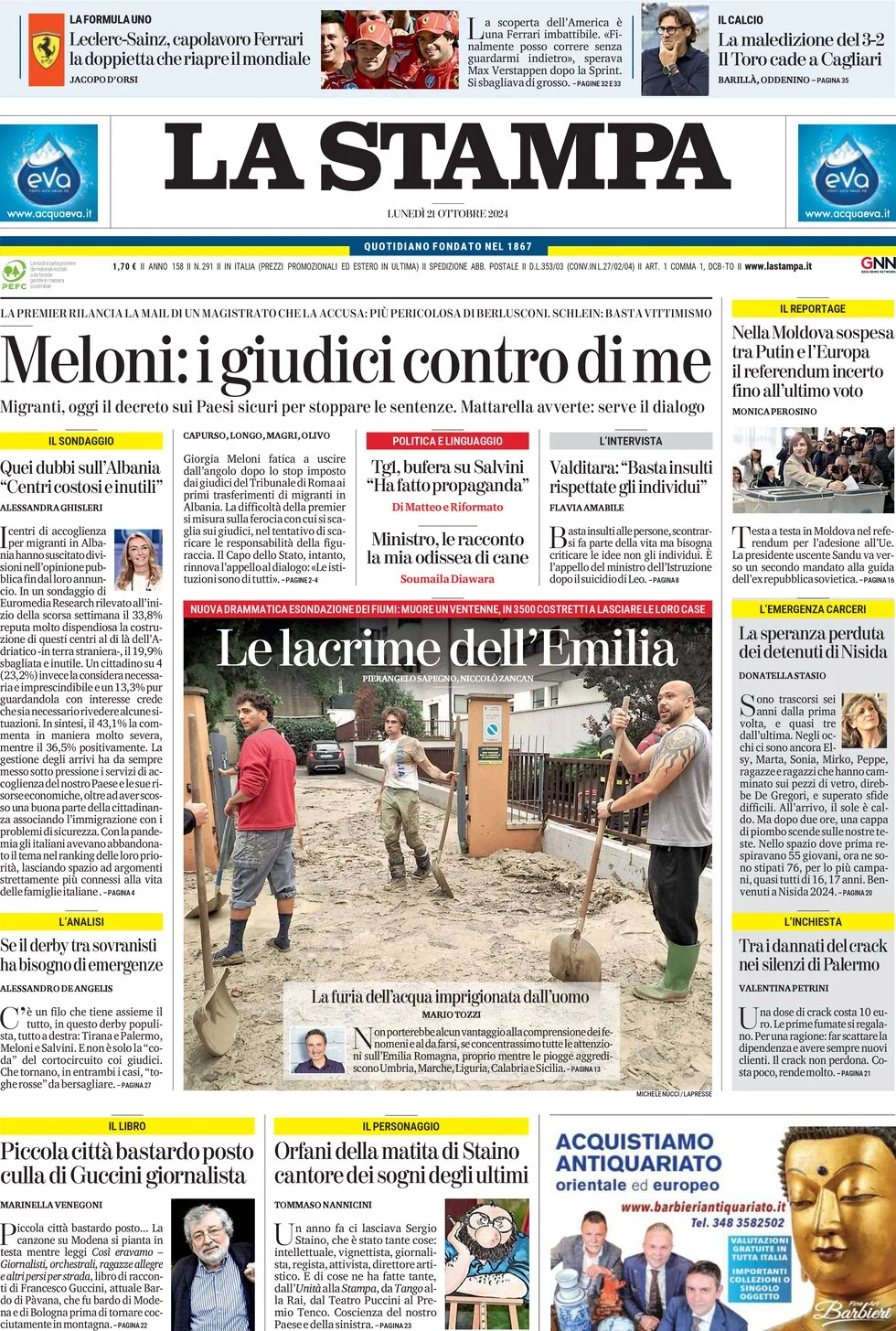 anteprima della prima pagina di la-stampa del 21/10/2024