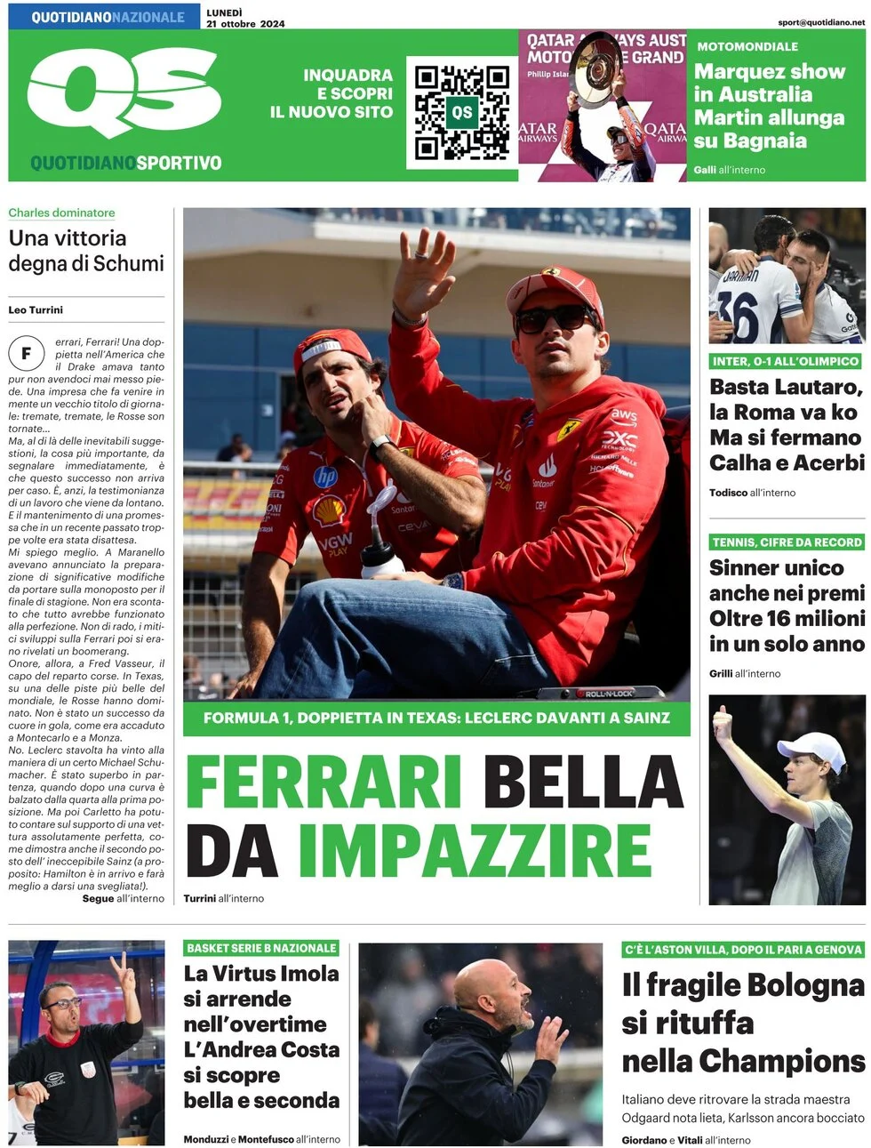 anteprima della prima pagina di qs-quotidiano-sportivo del 21/10/2024