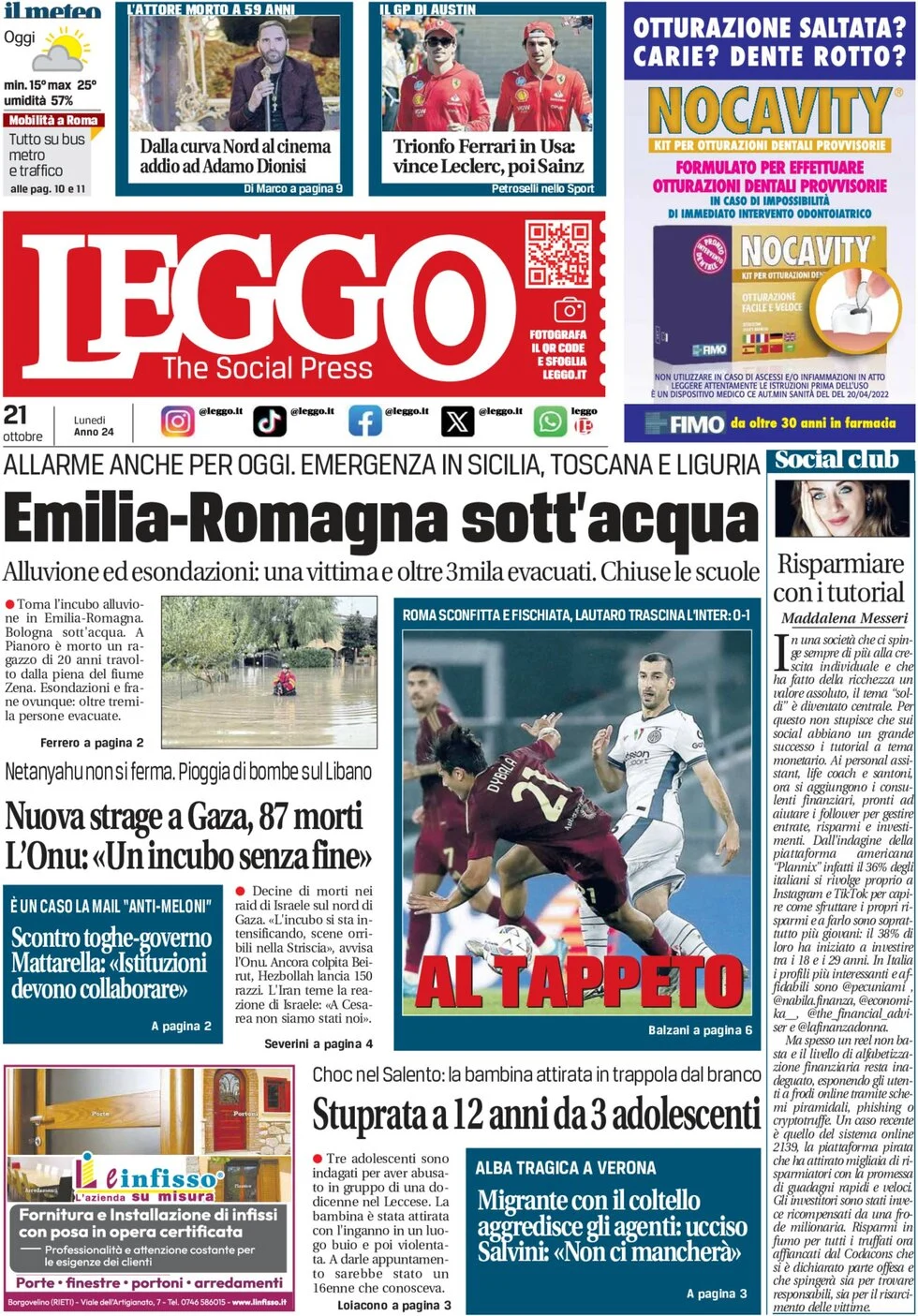 anteprima della prima pagina di leggo-roma del 21/10/2024