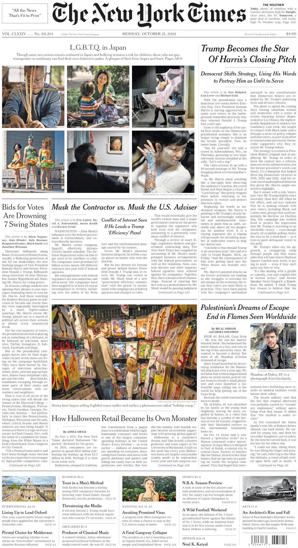 anteprima della prima pagina di the-new-york-times del 21/10/2024