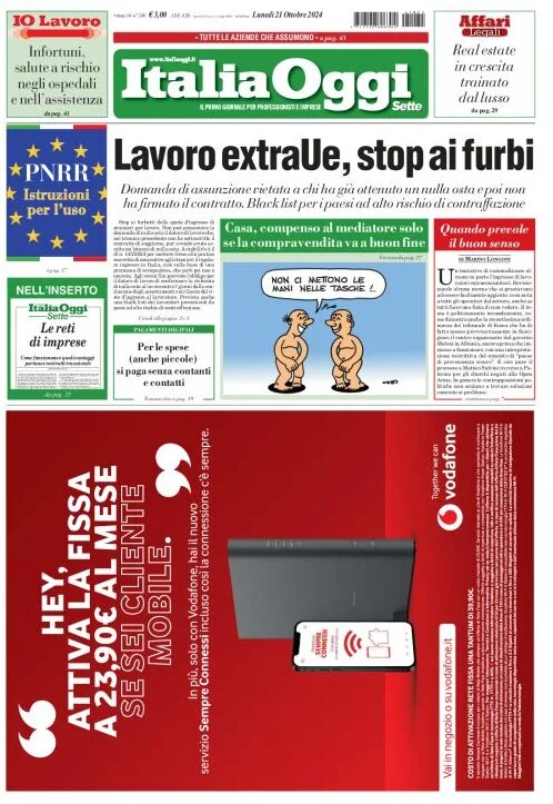 Anteprima prima pagina della rasegna stampa di ieri 2024-10-21 - italia-oggi/