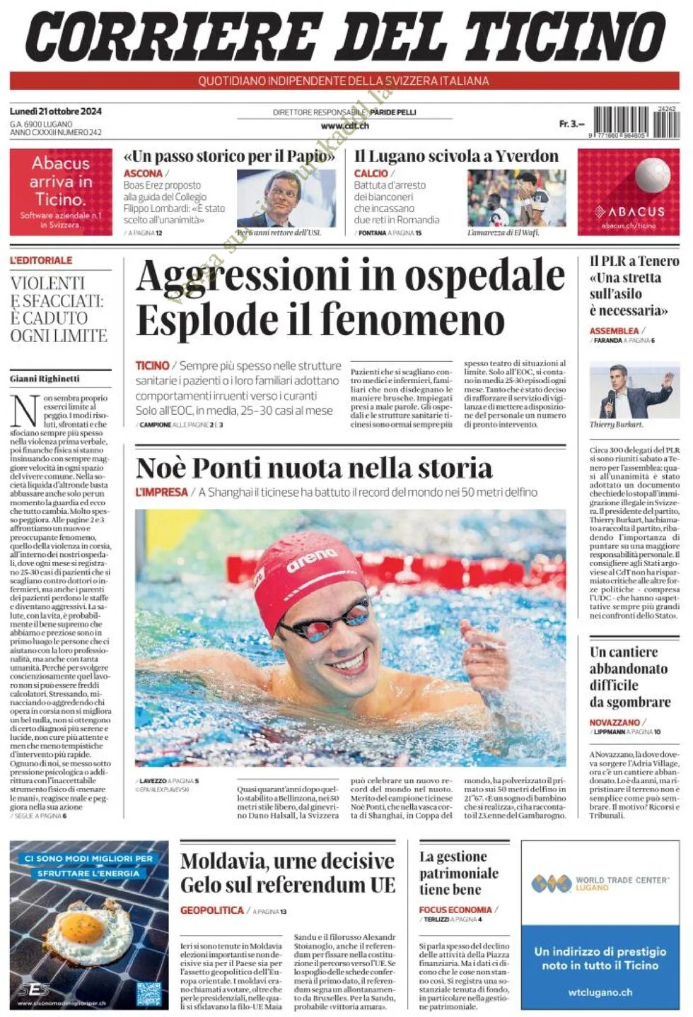 anteprima della prima pagina di corriere-del-ticino del 21/10/2024