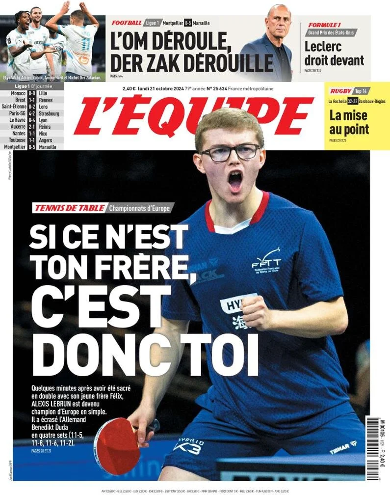 anteprima della prima pagina di lequipe del 21/10/2024