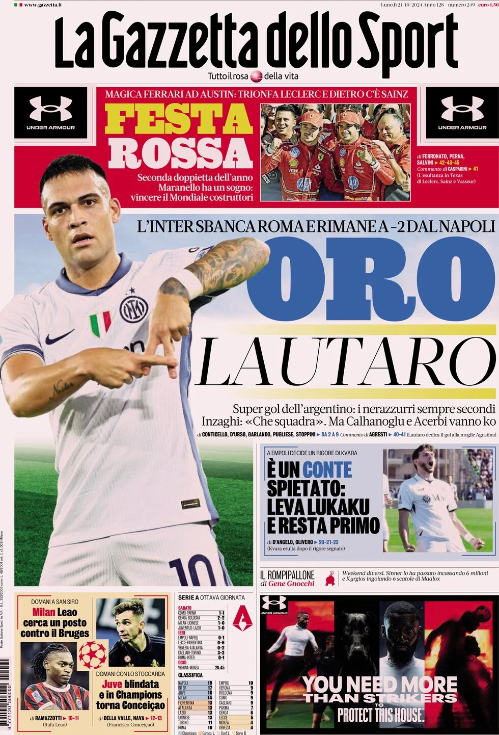 anteprima della prima pagina di la-gazzetta-dello-sport del 21/10/2024