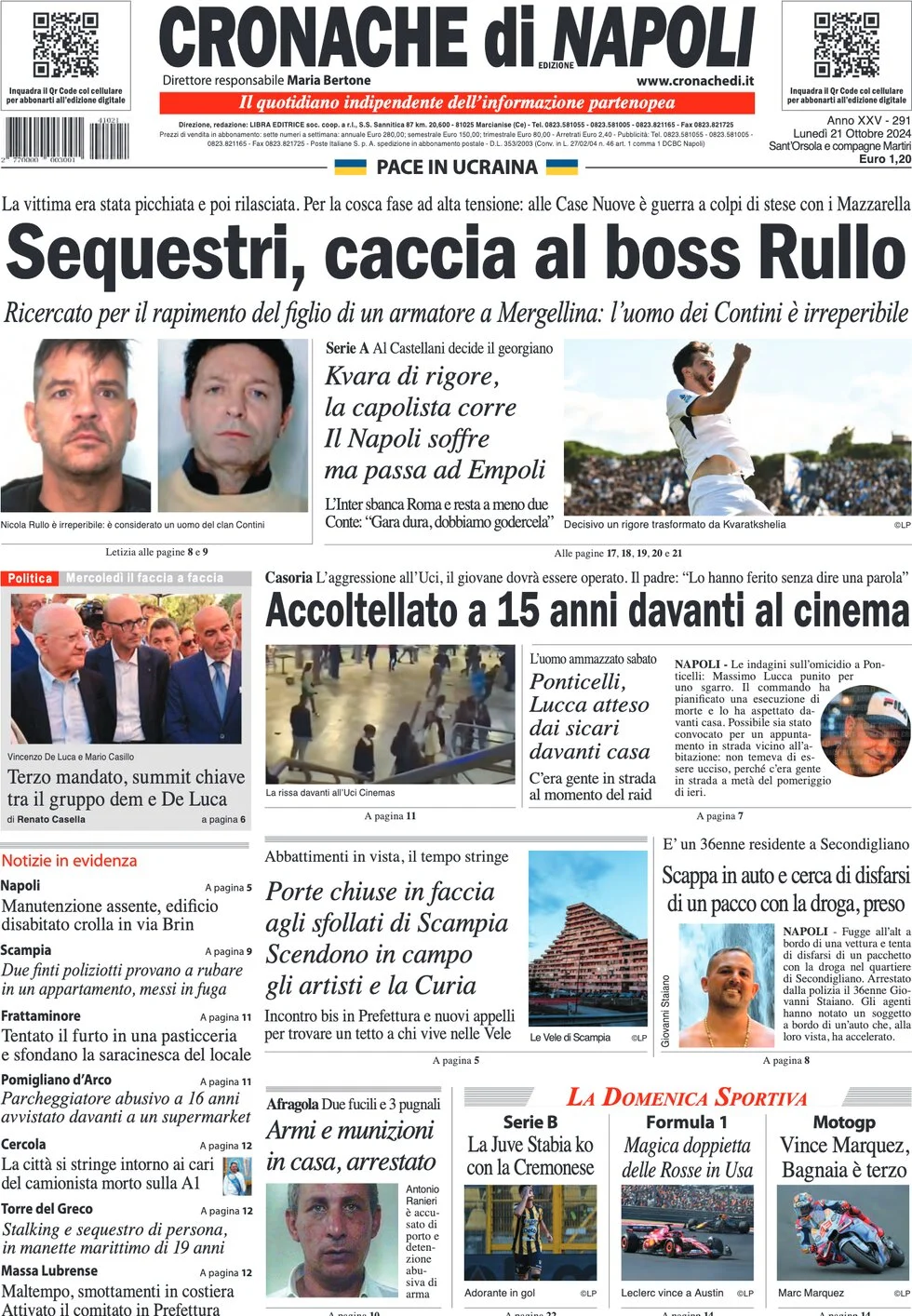 Anteprima prima pagina della rasegna stampa di ieri 2024-10-21 - cronache-di-napoli/