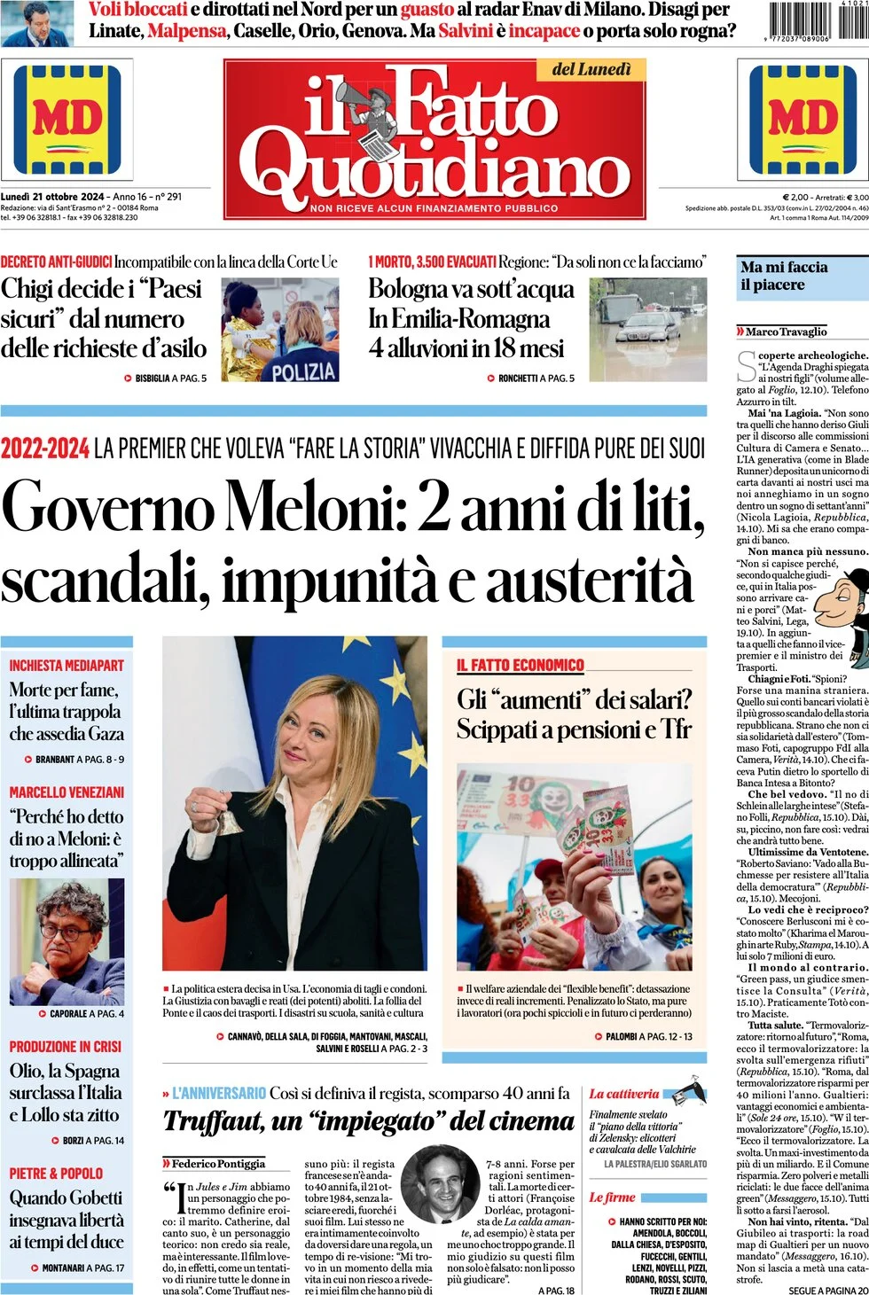 anteprima della prima pagina di il-fatto-quotidiano del 21/10/2024