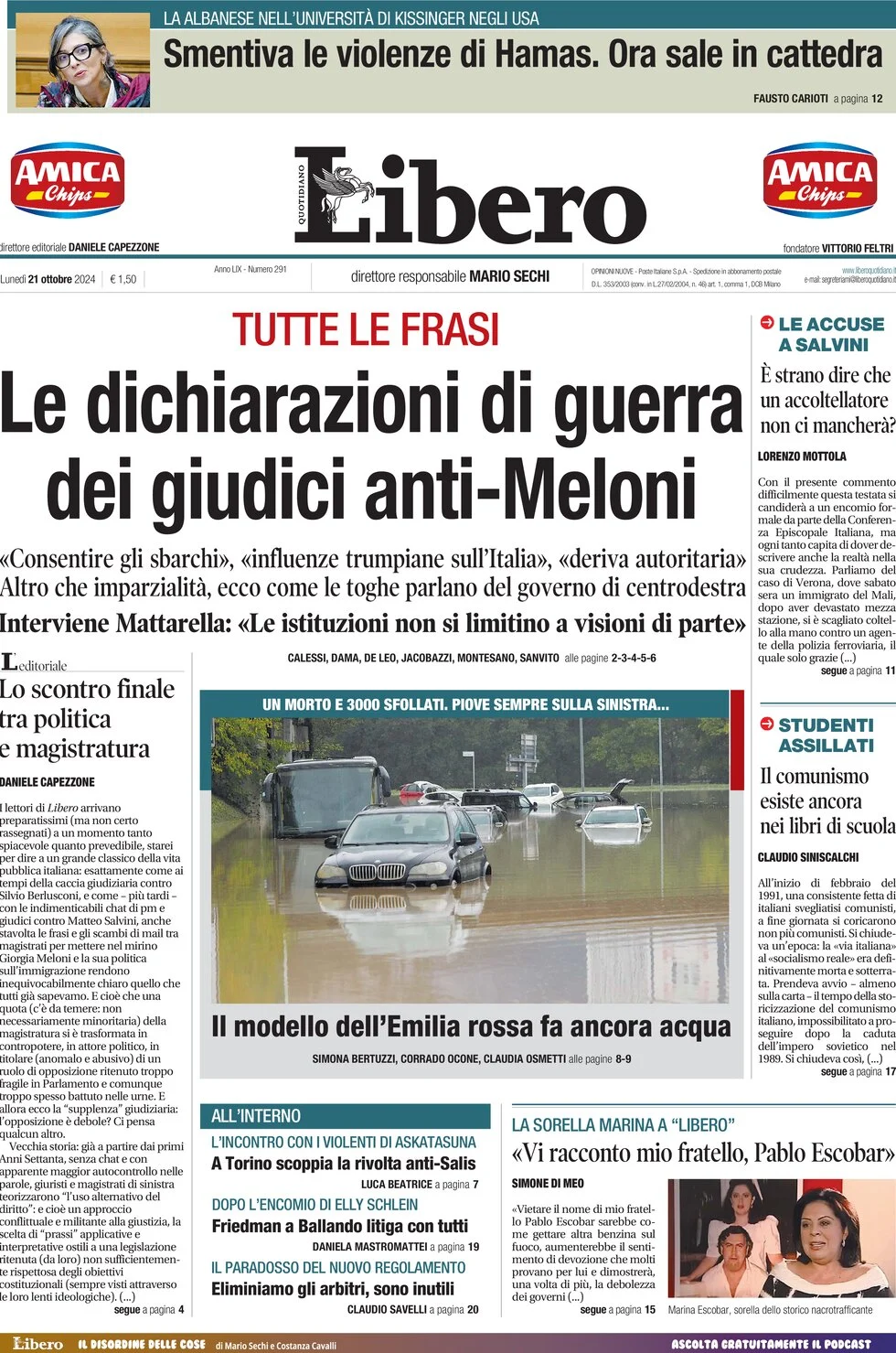 anteprima della prima pagina di libero-quotidiano del 21/10/2024