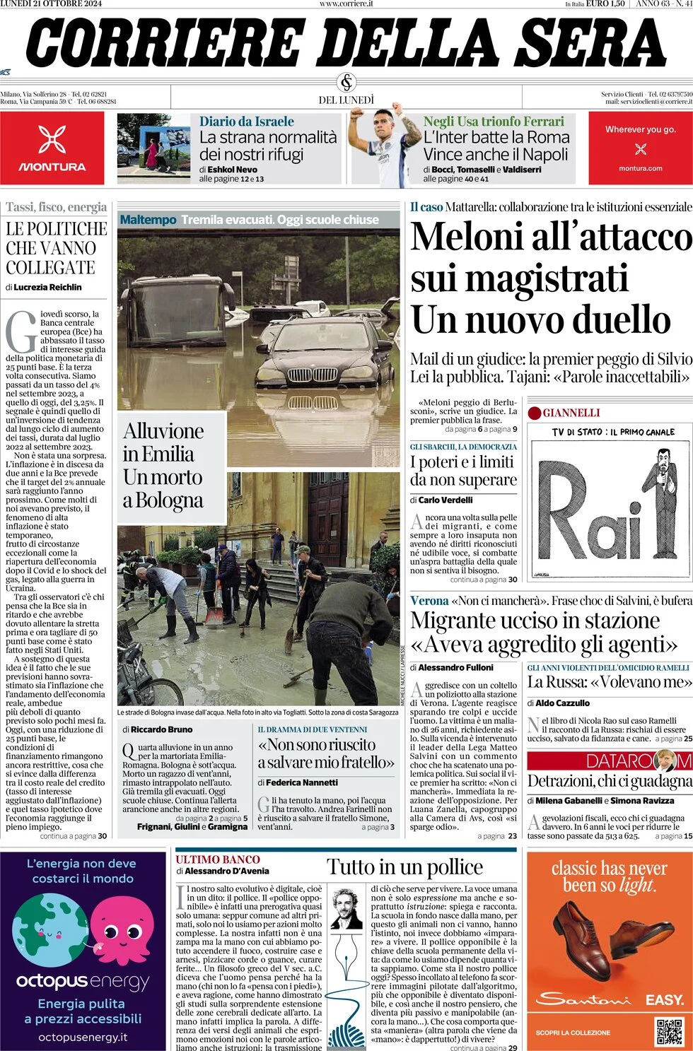 anteprima della prima pagina di corriere-della-sera del 21/10/2024