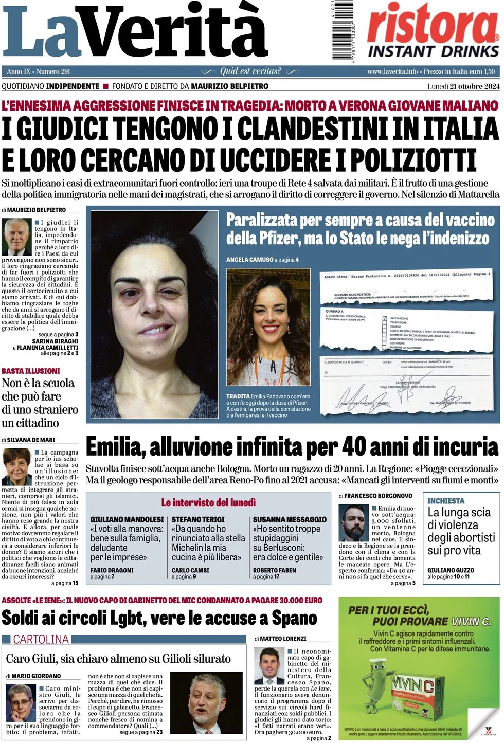 Anteprima prima pagina della rasegna stampa di ieri 2024-10-21 - la-verita/