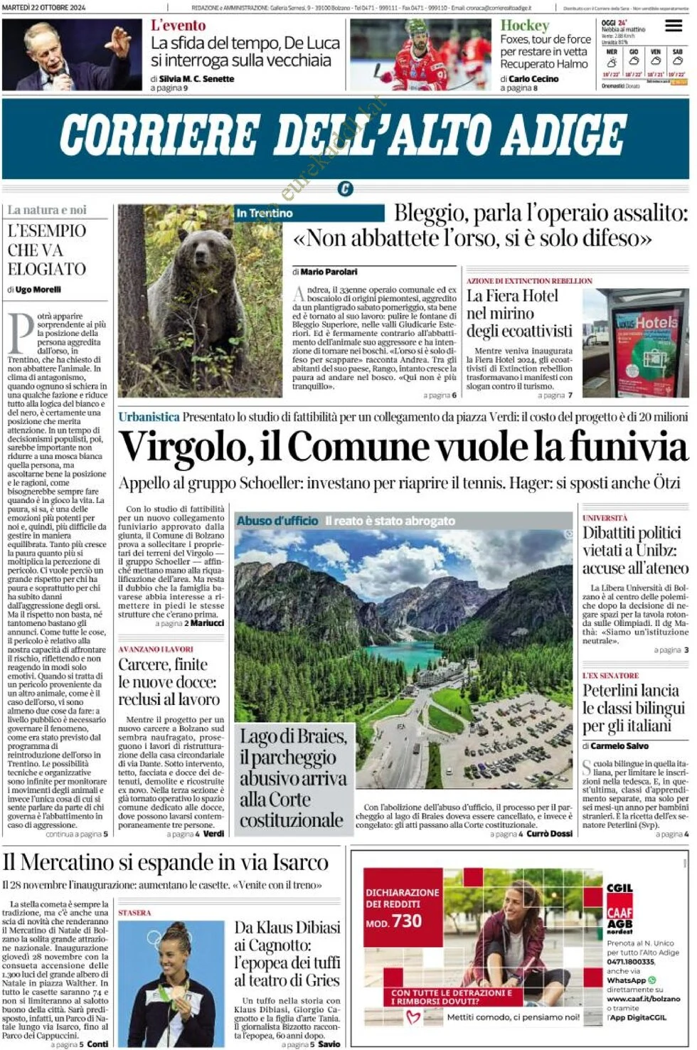 anteprima della prima pagina di Corriere dell'Alto Adige