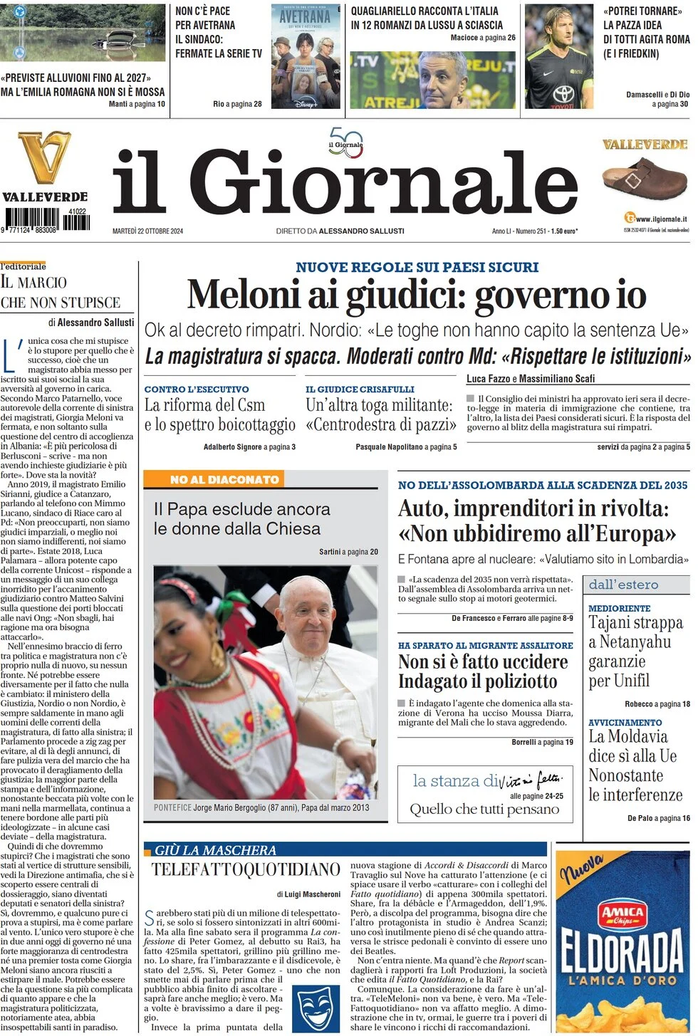 anteprima della prima pagina di il-giornale del 22/10/2024