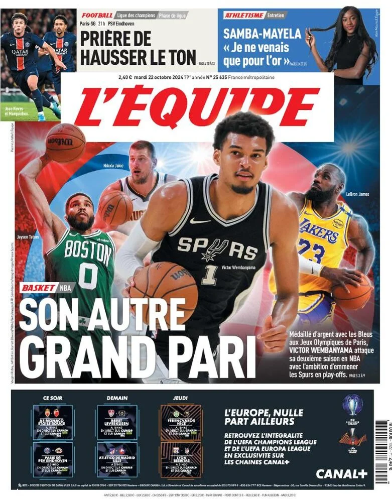 anteprima della prima pagina di lequipe del 22/10/2024