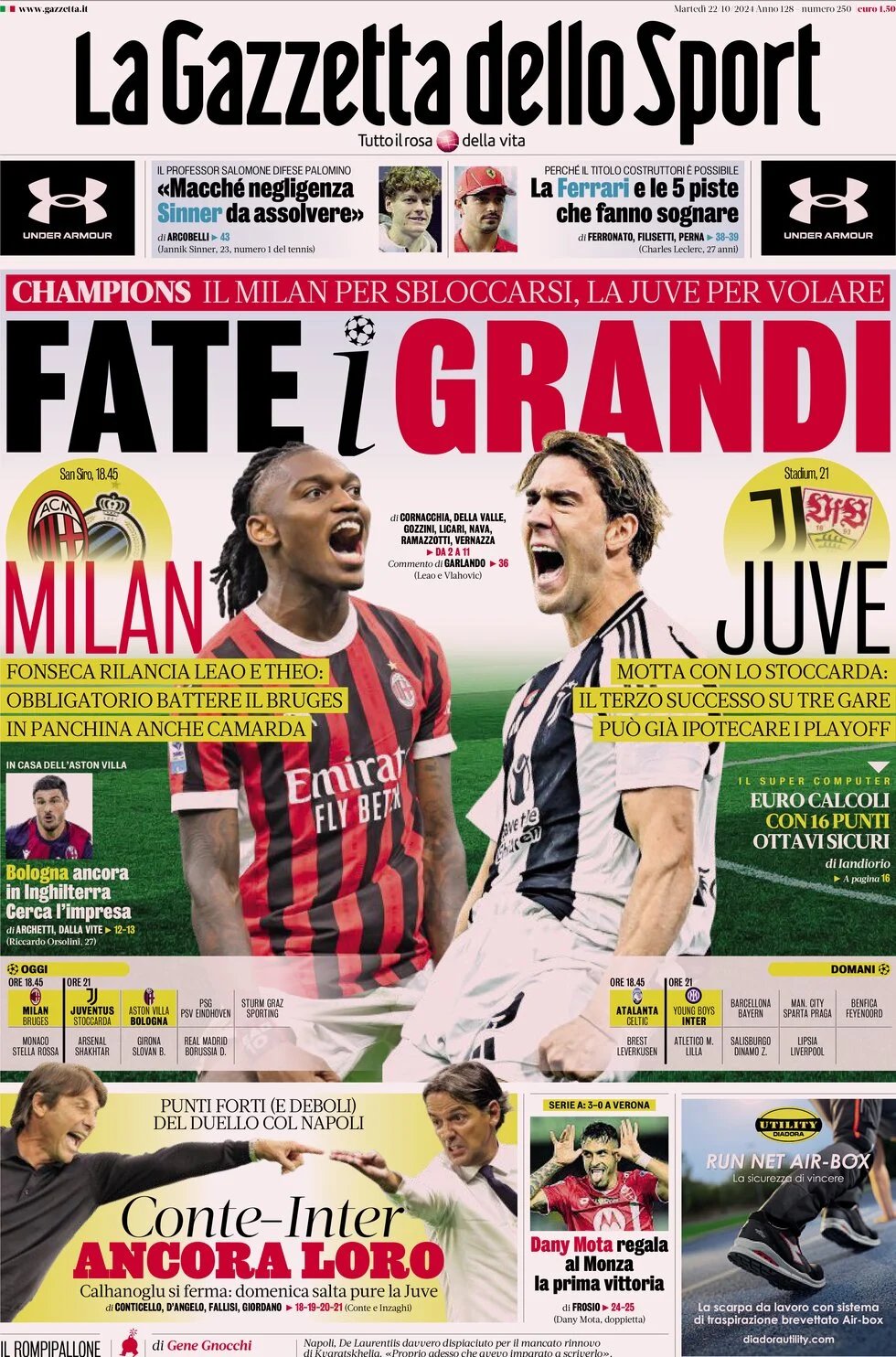 anteprima della prima pagina di la-gazzetta-dello-sport del 22/10/2024