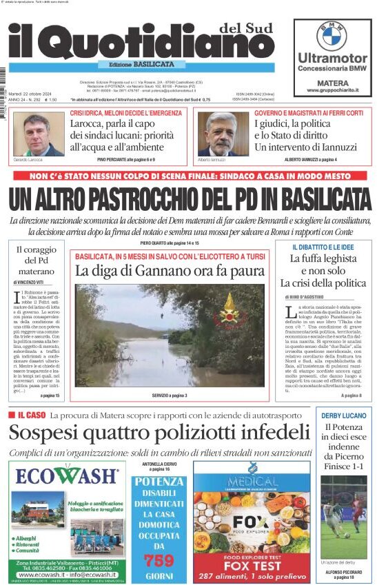 anteprima della prima pagina di Il Quotidiano del Sud (Basilicata)