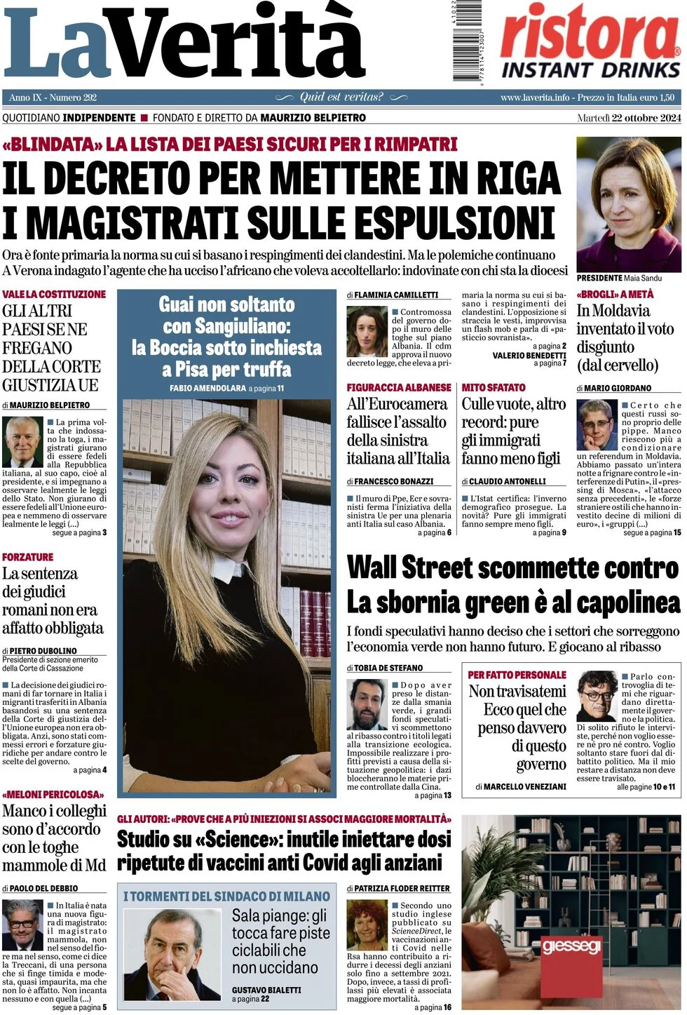 anteprima della prima pagina di La Verità