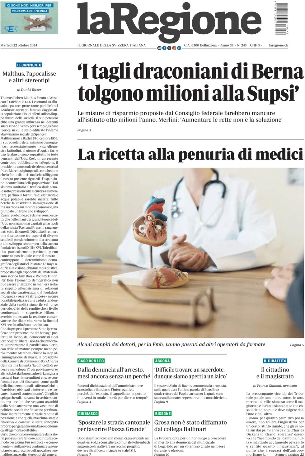 anteprima della prima pagina di la-regione del 22/10/2024