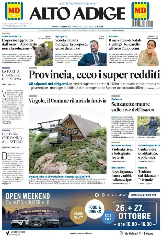 anteprima della prima pagina di Alto Adige