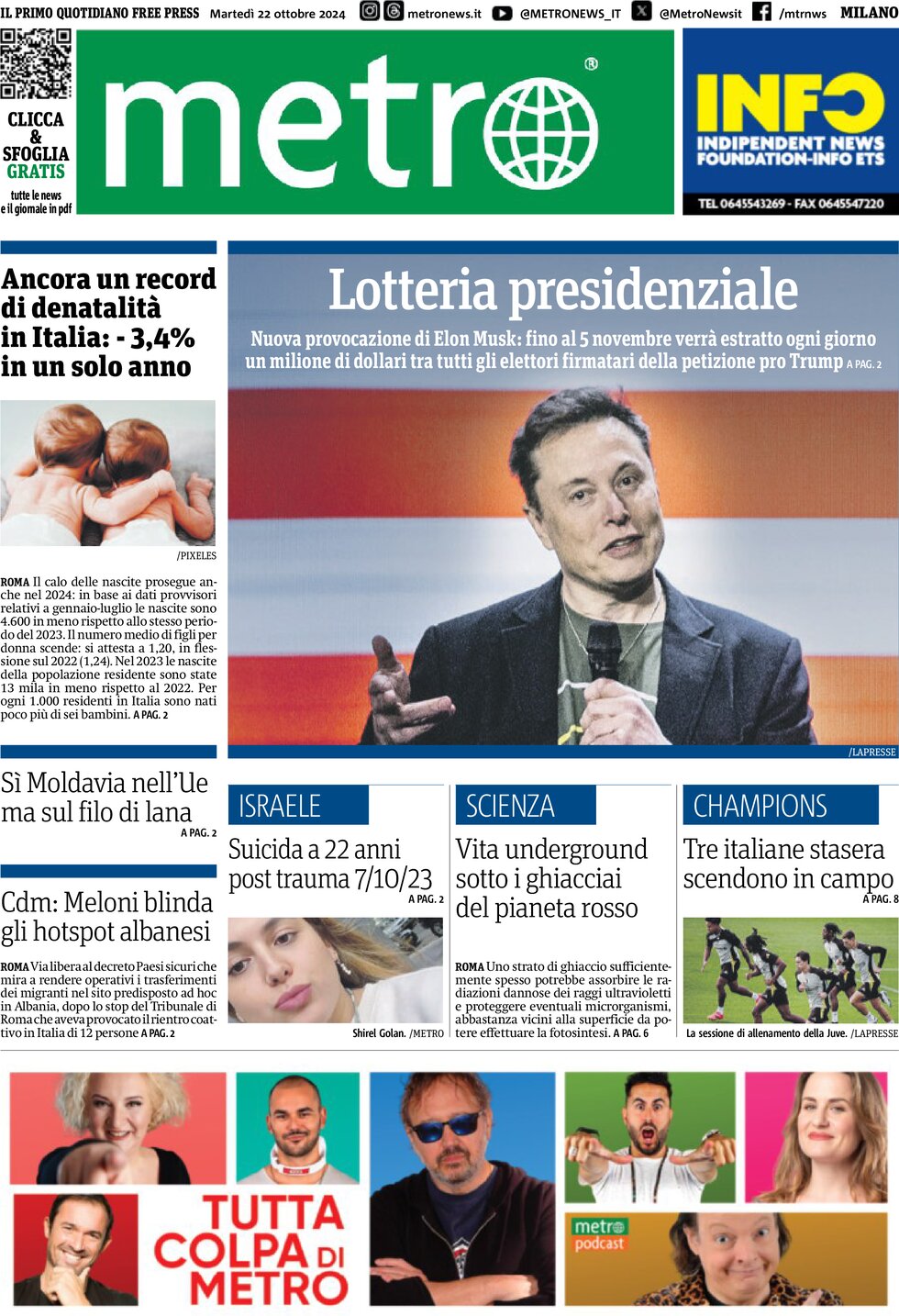 anteprima della prima pagina di Metro (Milano)