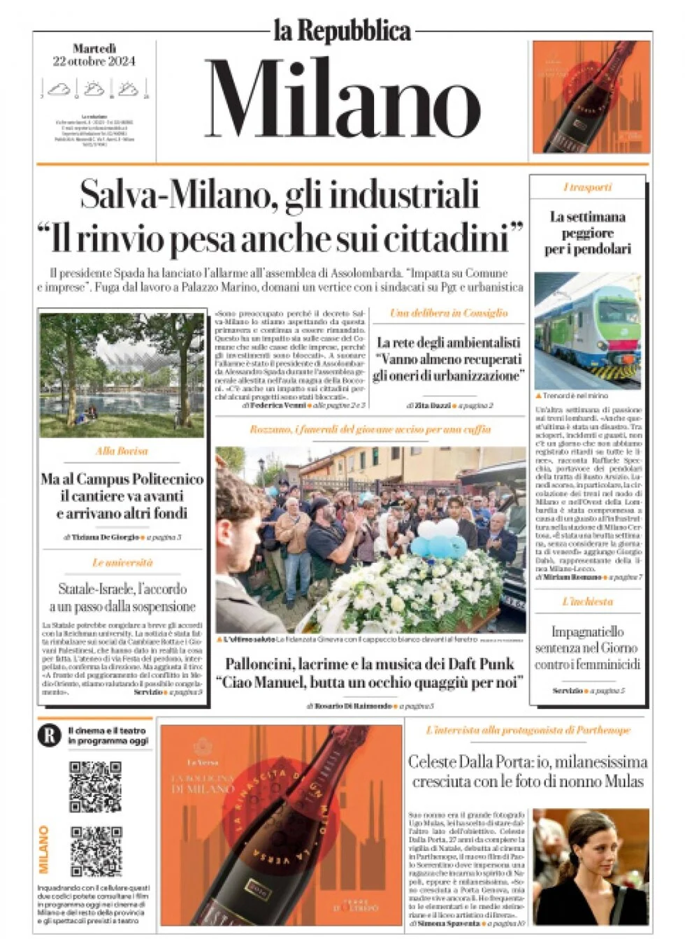 anteprima della prima pagina di La Repubblica (Milano)