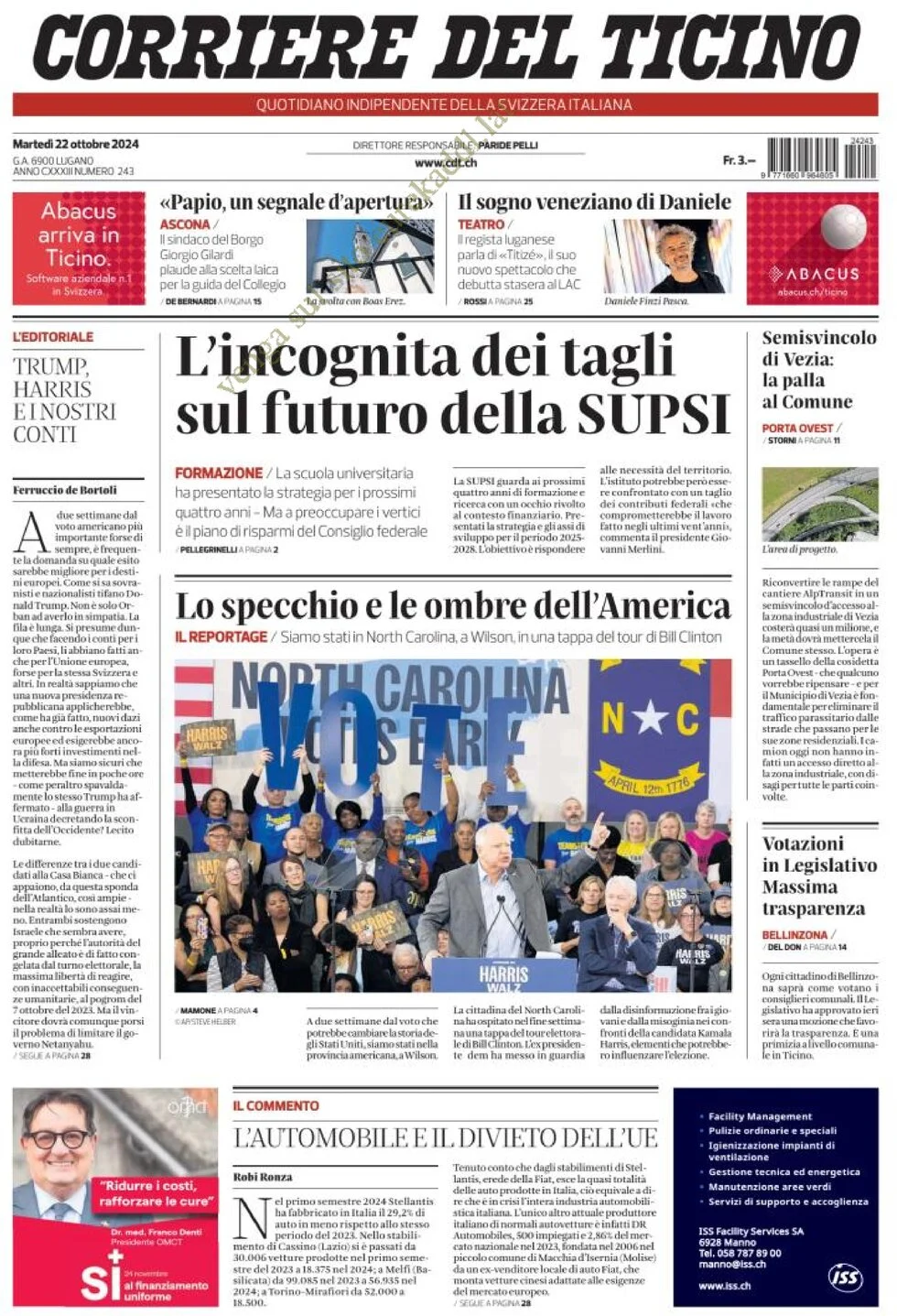 prima pagina - Corriere del Ticino del 22/10/2024