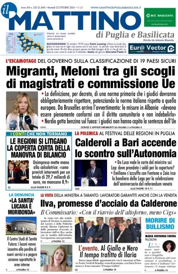 anteprima della prima pagina di Il Mattino di Puglia e Basilicata