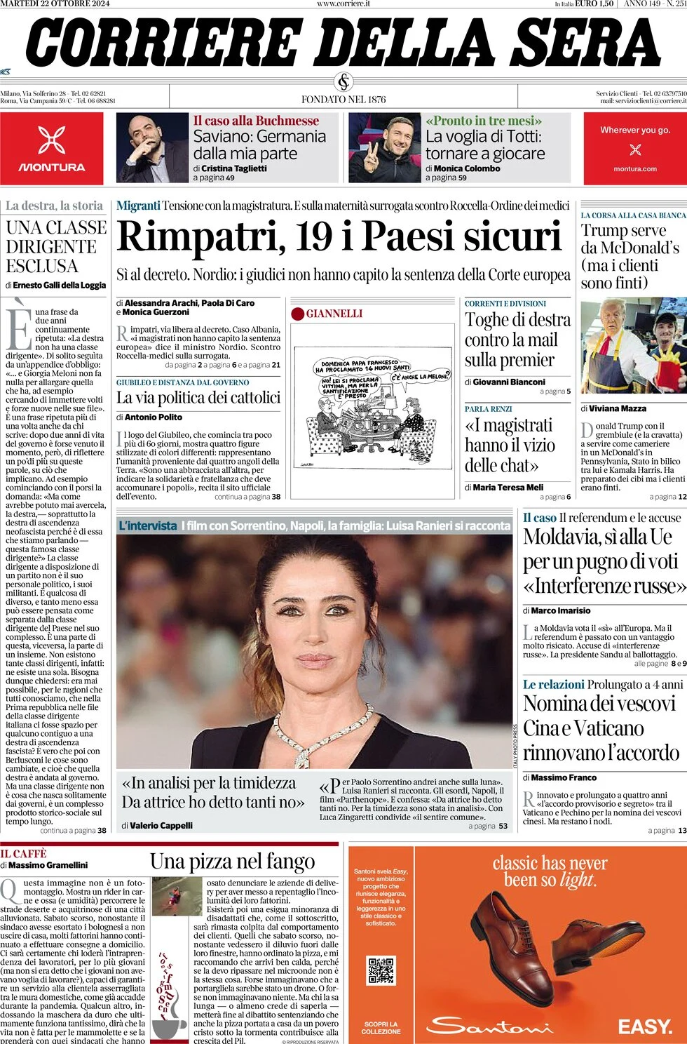 anteprima della prima pagina di corriere-della-sera del 22/10/2024