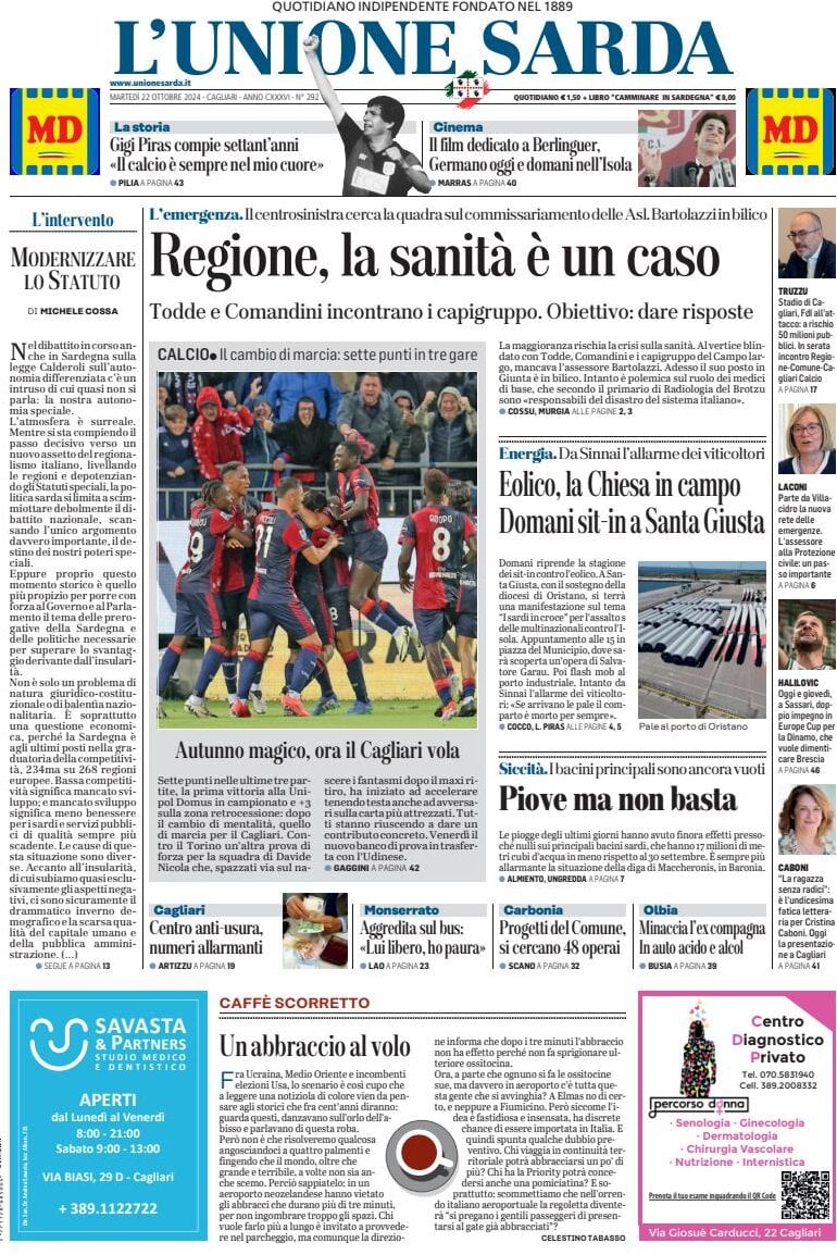 anteprima della prima pagina di L'Unione Sarda